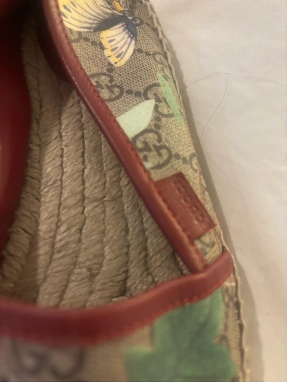 Gucci Brown Monogram Hummingbird & Floral Espadrille Flats with Red Trim